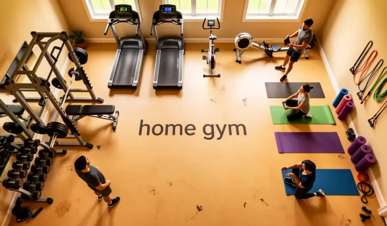 home gym lumineux zones musculation cardio mobilité vue du dessus
