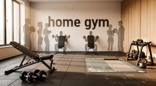 image home gym photoréaliste à domicile avec haltères et banc pliable