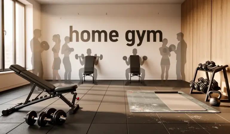 image home gym photoréaliste à domicile avec haltères et banc pliable
