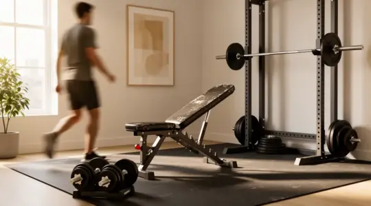 coin home gym moderne avec banc haltères rack