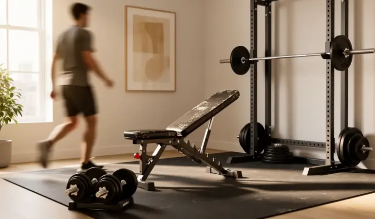 coin home gym moderne avec banc haltères rack