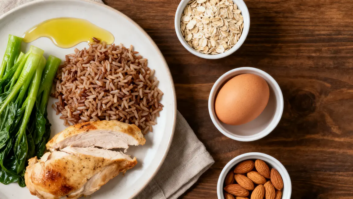 Assiette alimentation sportive poulet riz légumes bols macronutriments