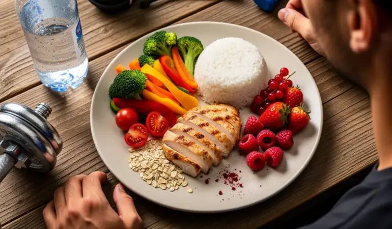 Assiette équilibrée nutrition sportive vue dessus