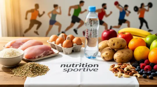 table avec riz poulet oeufs lentilles fruits et eau