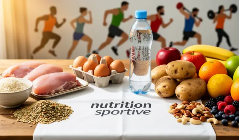 table avec riz poulet oeufs lentilles fruits et eau