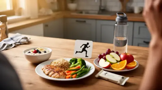 Table avec repas sportif poulet riz légumes flocons d avoine fruits barre protéinée bouteille d eau