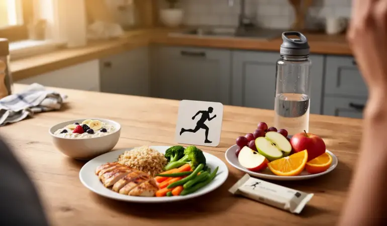 Table avec repas sportif poulet riz légumes flocons d avoine fruits barre protéinée bouteille d eau