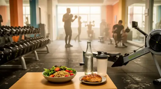 Salle de sport moderne nutrition sportive repas sain haltères