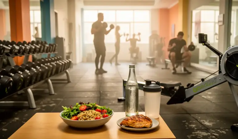 Salle de sport moderne nutrition sportive repas sain haltères