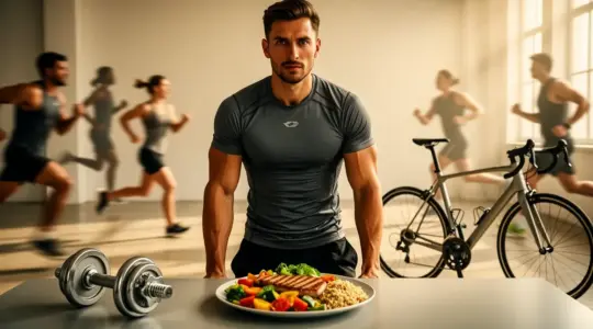 Scène photoréaliste avec sportif, haltère, vélo, assiette nutrition sportive