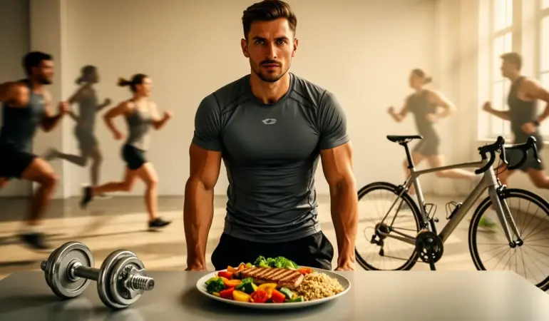 Scène photoréaliste avec sportif, haltère, vélo, assiette nutrition sportive