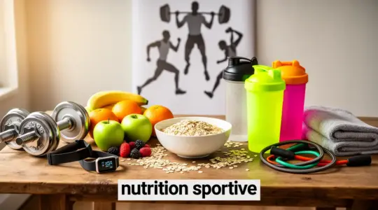 table sportive avec fruits flocons d'avoine boissons isotoniques et accessoires musculation