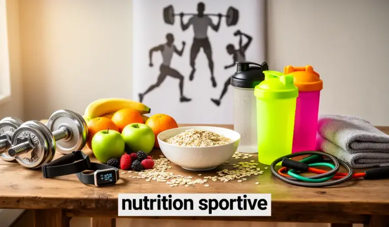 table sportive avec fruits flocons d'avoine boissons isotoniques et accessoires musculation