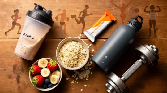vue d'ensemble nutrition sportive shaker fruits flocons d'avoine barre gourde haltère