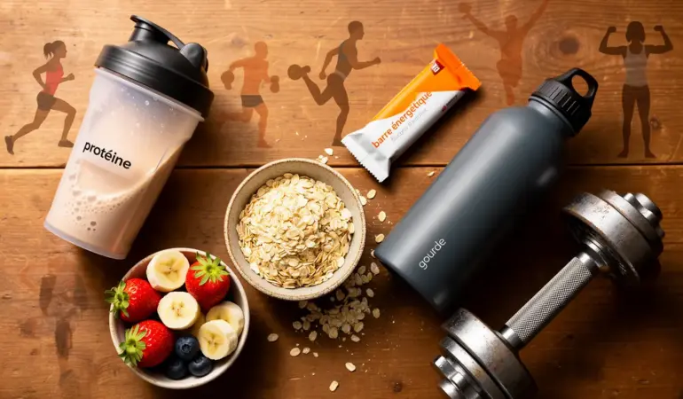 vue d'ensemble nutrition sportive shaker fruits flocons d'avoine barre gourde haltère