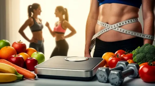 balance et ruban perte de ventre silhouettes sportives fruits haltères