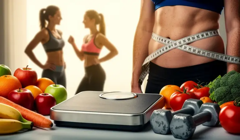 balance et ruban perte de ventre silhouettes sportives fruits haltères