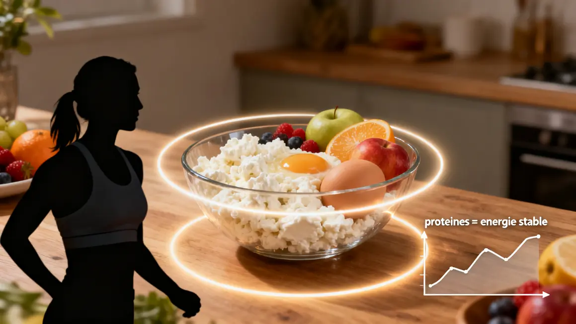 Bol fromage blanc œufs fruits, énergie stable grâce à une collation protéinée