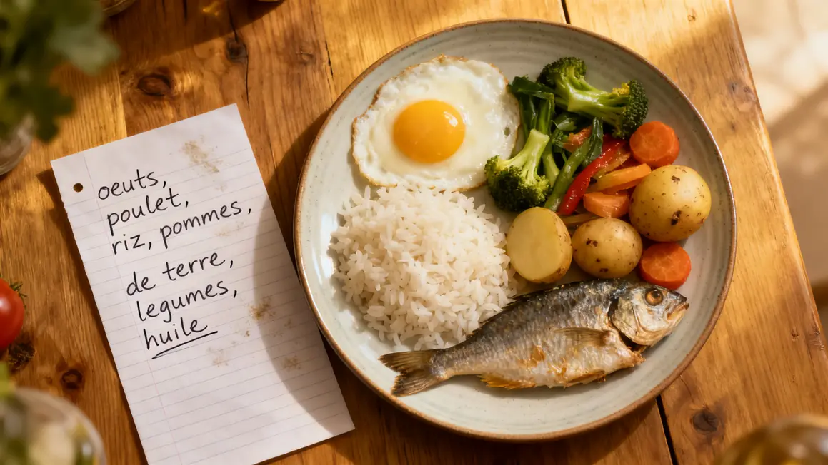 prise de muscle table cuisine repas oeufs riz poisson