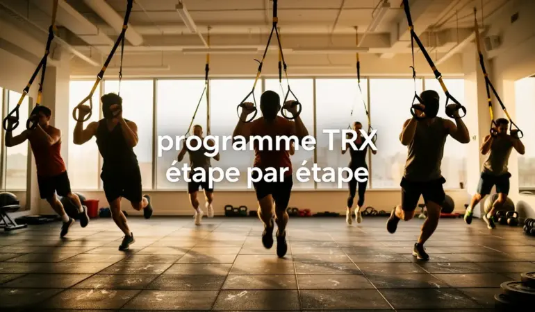 programme TRX étape par étape plusieurs personnes salle lumineuse
