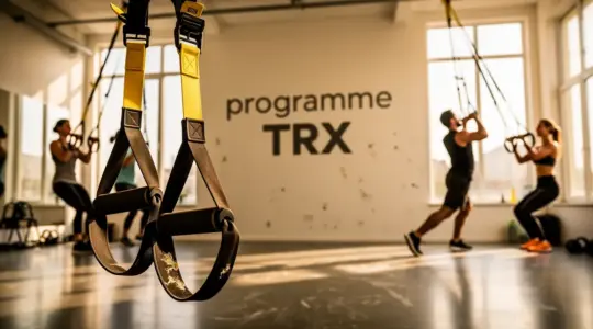 Salle d'entraînement TRX avec sportifs et sangles, ambiance motivée