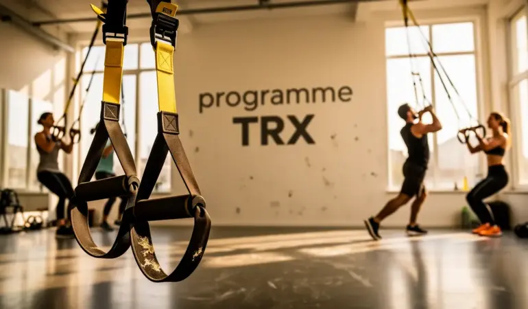 Salle d'entraînement TRX avec sportifs et sangles, ambiance motivée