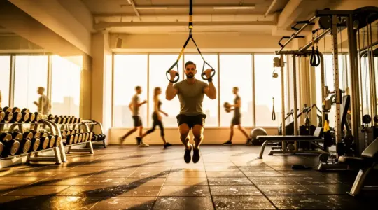 Personne utilisant programme TRX dans salle de sport