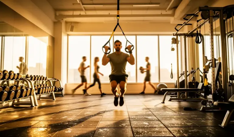 Personne utilisant programme TRX dans salle de sport