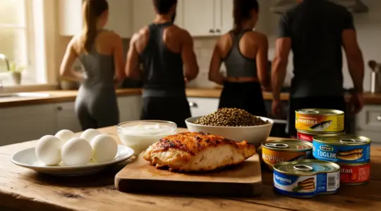 Plats riches en protéines sèche, oeufs poulet lentilles sportifs