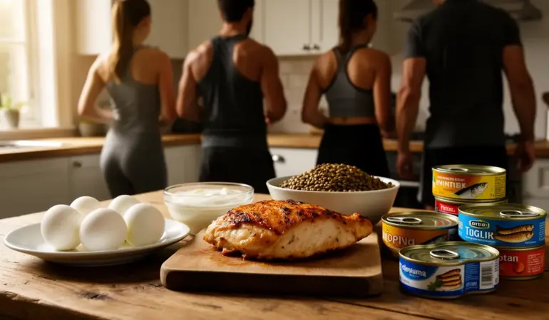 Plats riches en protéines sèche, oeufs poulet lentilles sportifs
