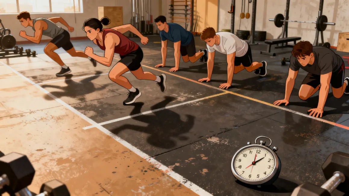 illustration cardio HIIT sprints burpees mountain climbers groupe
