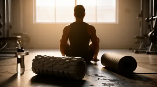 sportif de dos entouré d'équipements standards recuperation musculaire