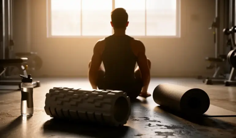 sportif de dos entouré d'équipements standards recuperation musculaire
