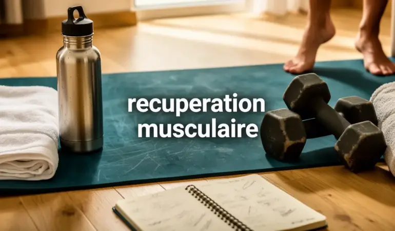recuperation musculaire routine debutant tapis gourde haltères