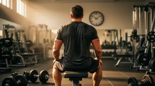 Homme assis en salle musculation pour recuperation musculaire