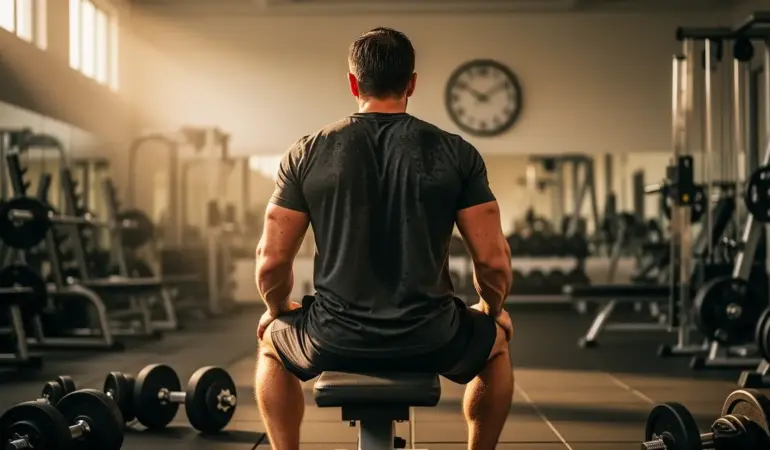 Homme assis en salle musculation pour recuperation musculaire