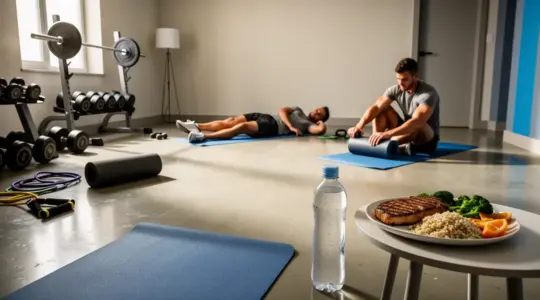 Vue silhouettes sportives, musculation, repas equilibre, hydratation