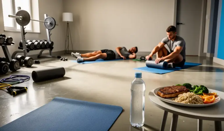 Vue silhouettes sportives, musculation, repas equilibre, hydratation