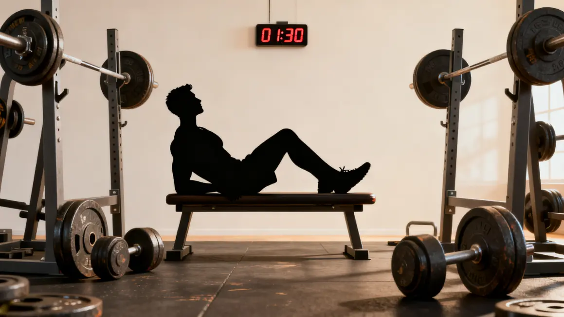 Sportif qui se repose sur banc, haltères, chronomètre 1:30