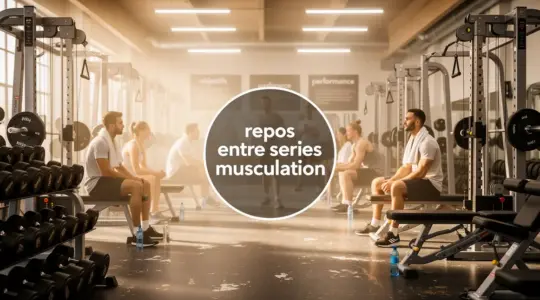 Repos en salle de musculation moderne, haltères et barres, ambiance dynamique