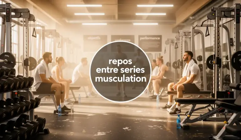 Repos en salle de musculation moderne, haltères et barres, ambiance dynamique