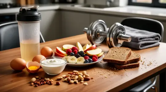 photo table collation proteinee musculation gourde shaker oeufs fruits