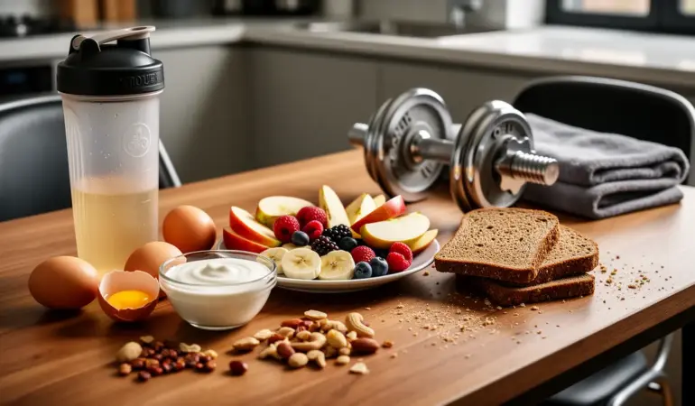 photo table collation proteinee musculation gourde shaker oeufs fruits