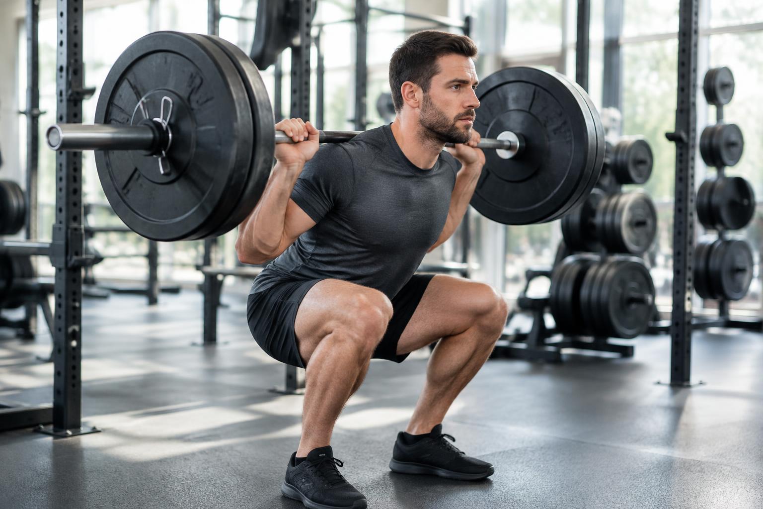 Pratiquant de musculation effectuant un squat à la barre en salle