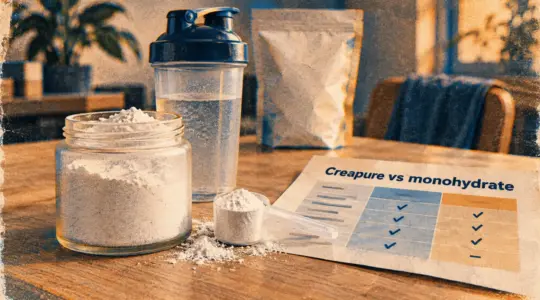 Créatine monohydrate ou creapure : poudre dans un bocal, shaker et tableau comparatif