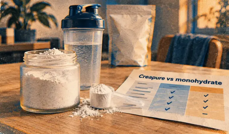 Créatine monohydrate ou creapure : poudre dans un bocal, shaker et tableau comparatif