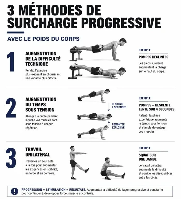 Infographie sur la surcharge progressive pour un programme musculation sans matériel