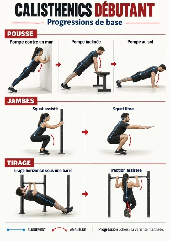 Programme calisthenics débutant : progression des variantes de pompes, squats et tractions