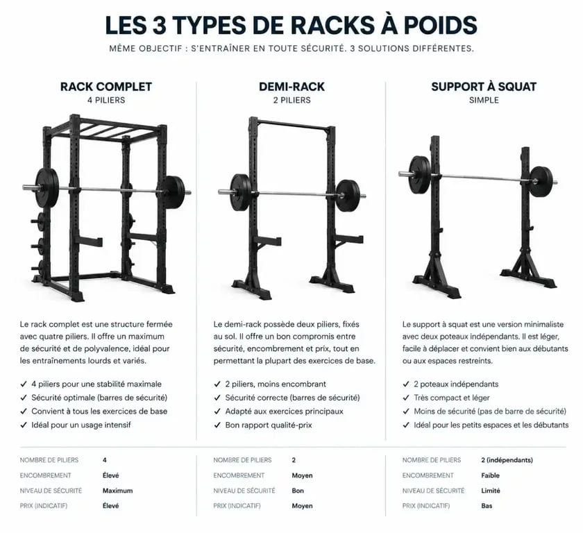 Comparatif visuel des types de rack musculation : power rack, demi-rack et rack à squat simple
