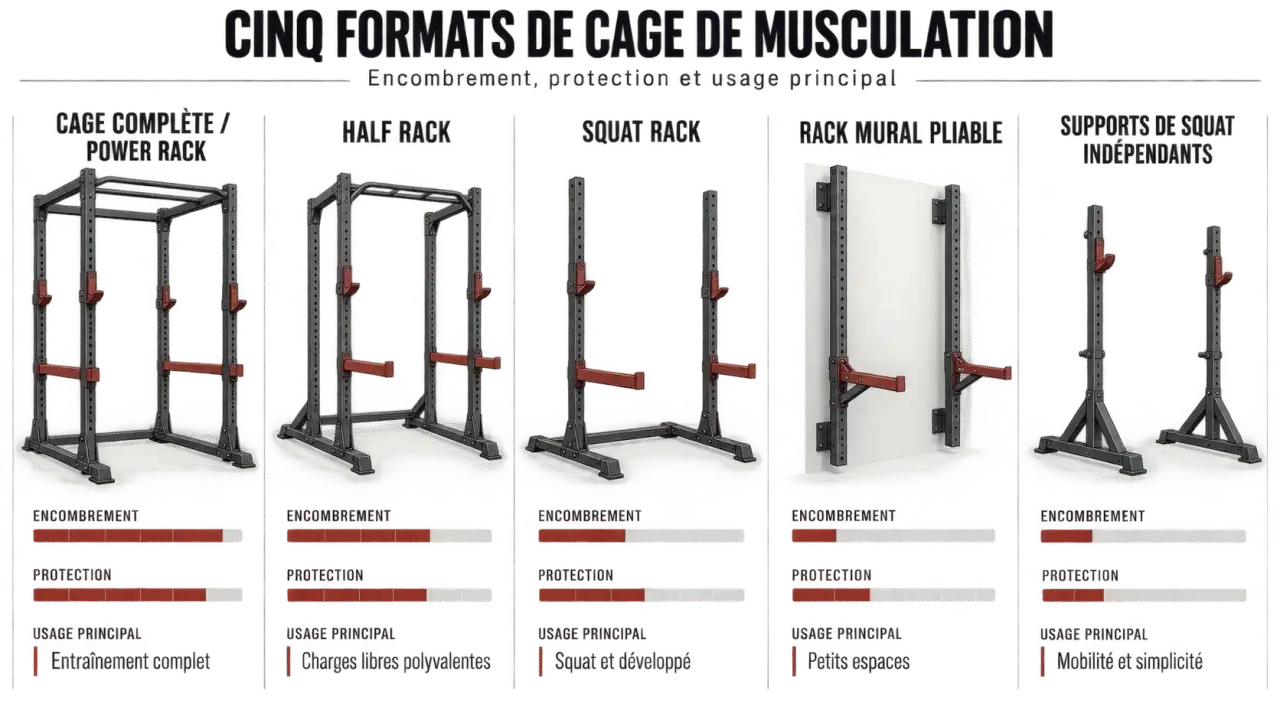 Infographie comparative des différents formats de cage musculation
